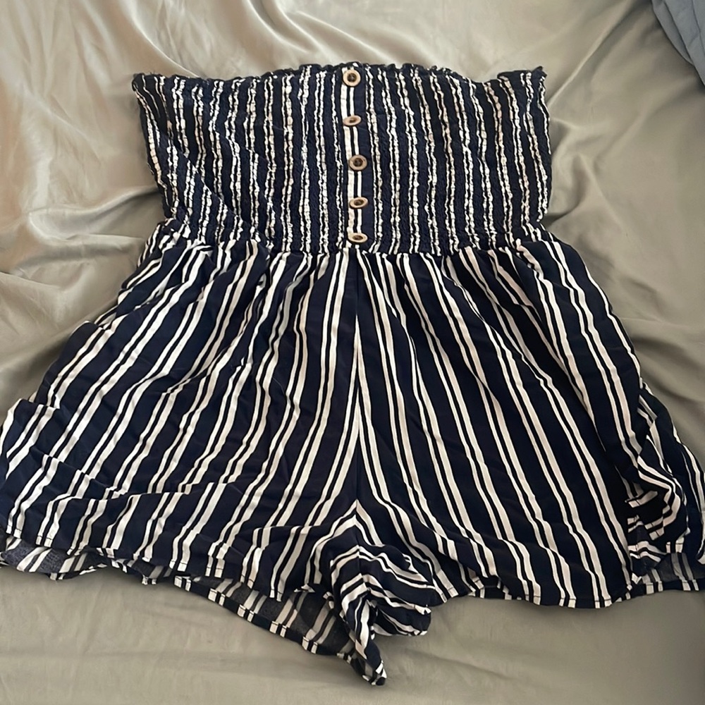 Navy strapless garage romper